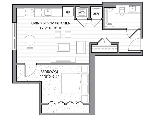 Floor plan One Bedroom One Bath (608 SF)