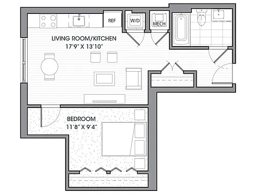 Floor plan One Bedroom One Bath (608 SF)