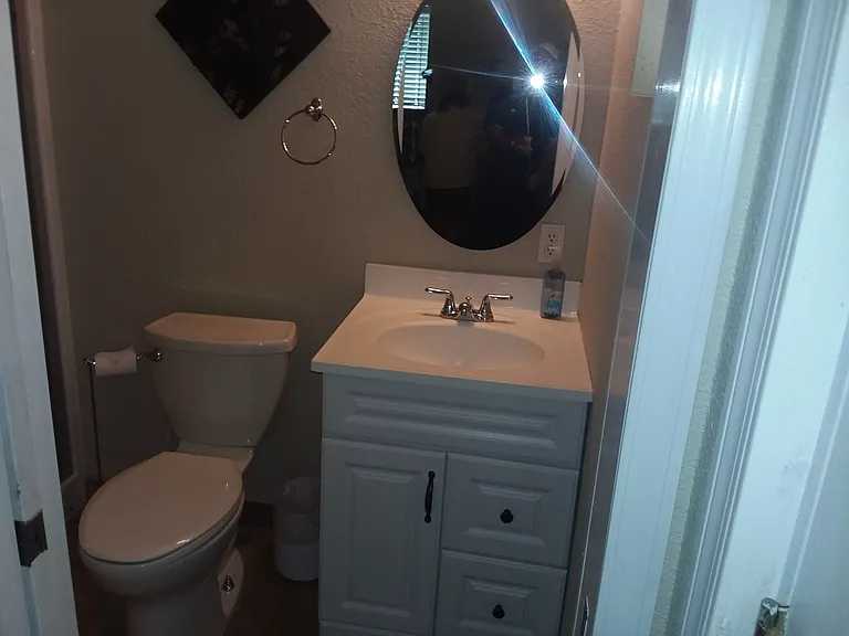 Toilet and sink in bathroom in Master bedroom.