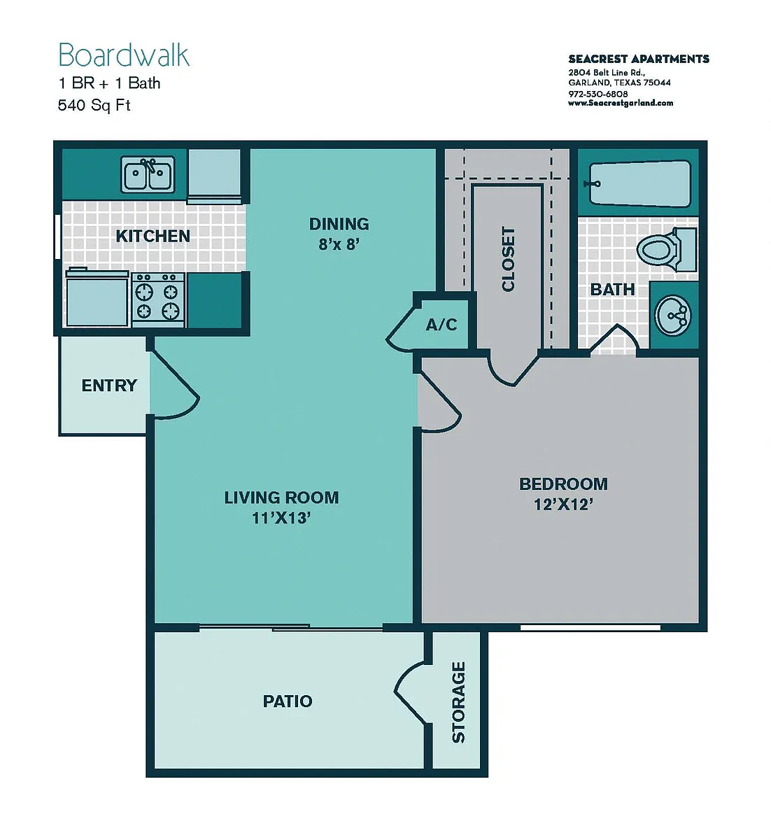 Floor plan 1 Bedroom A1 - 540sqft - BOARDWALK