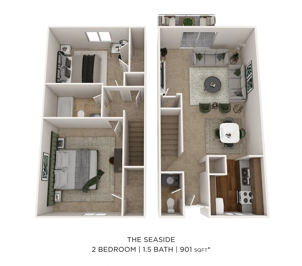 Floor plan Two Bedroom 1.5 Bath Townhome - 901 sqft