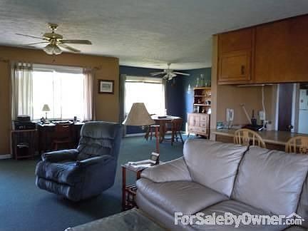 Open living, dining, kitchen