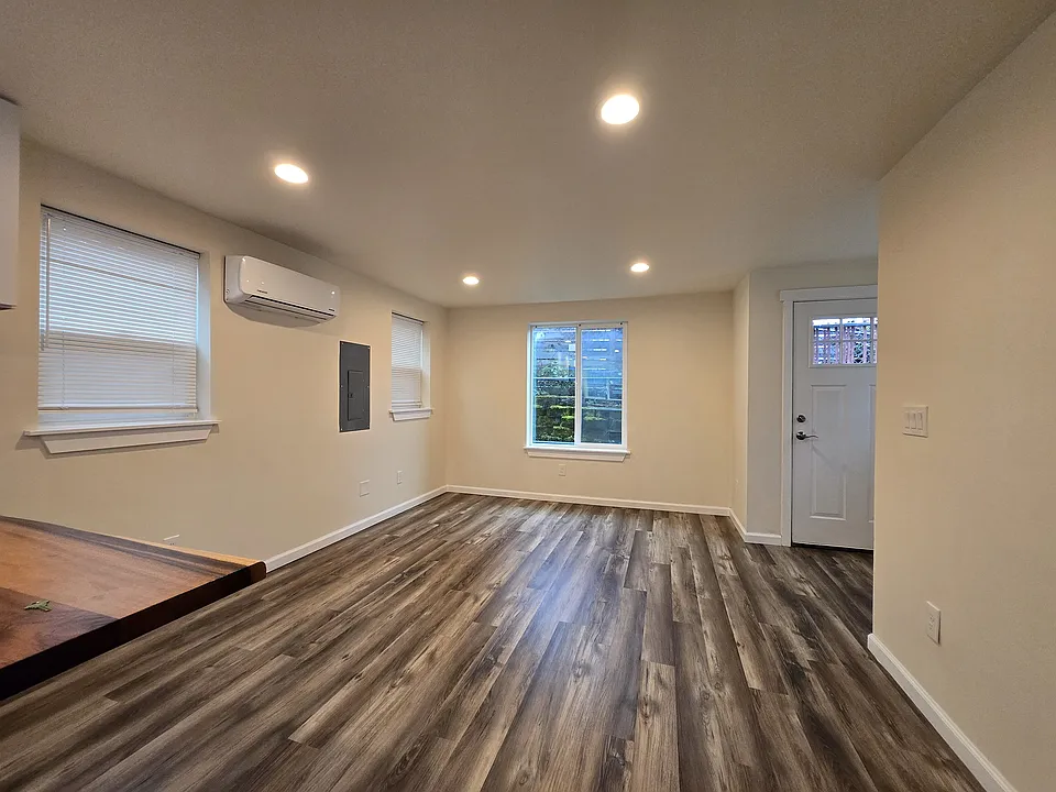 Living area and another entry point. Across the door is a long closet under the stairs for storage.