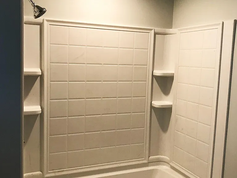 Brand new tub/shower surround, shelving, and toilet in master