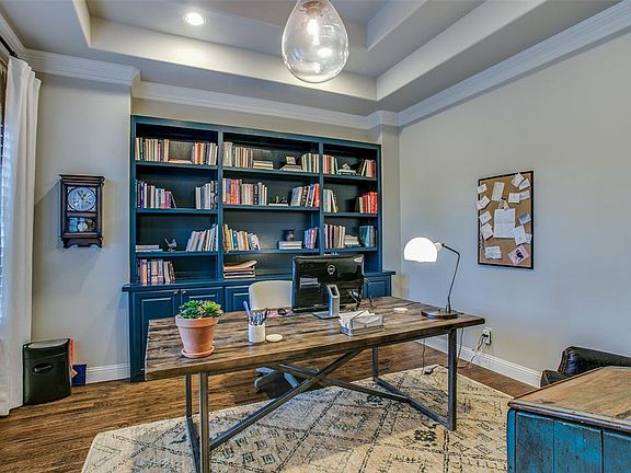 The Office Offers Customized Bookcase and File Drawers; Note Beautiful Moldings and Ceiling Treatment