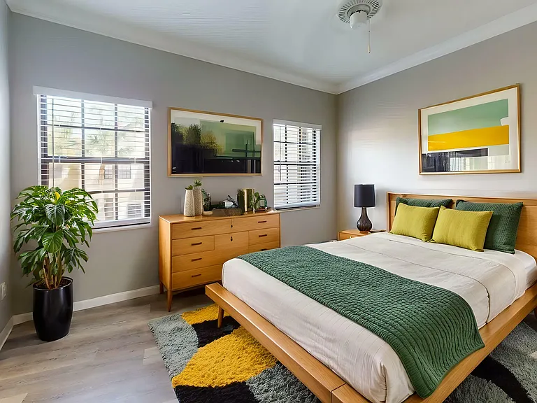 Inviting bedroom with stylish decor featuring a comfortable bed, vibrant art, and abundant natural light.