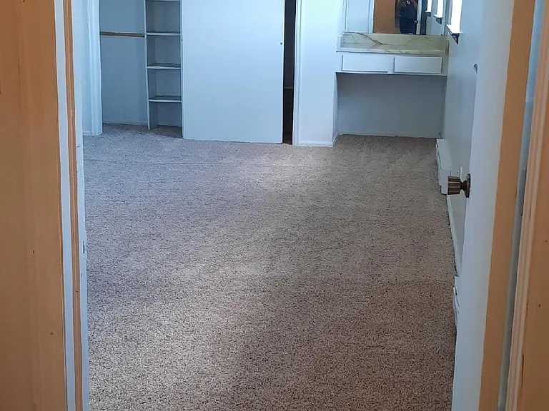 Master bedroom has lighted vanity, closet and laundry room access