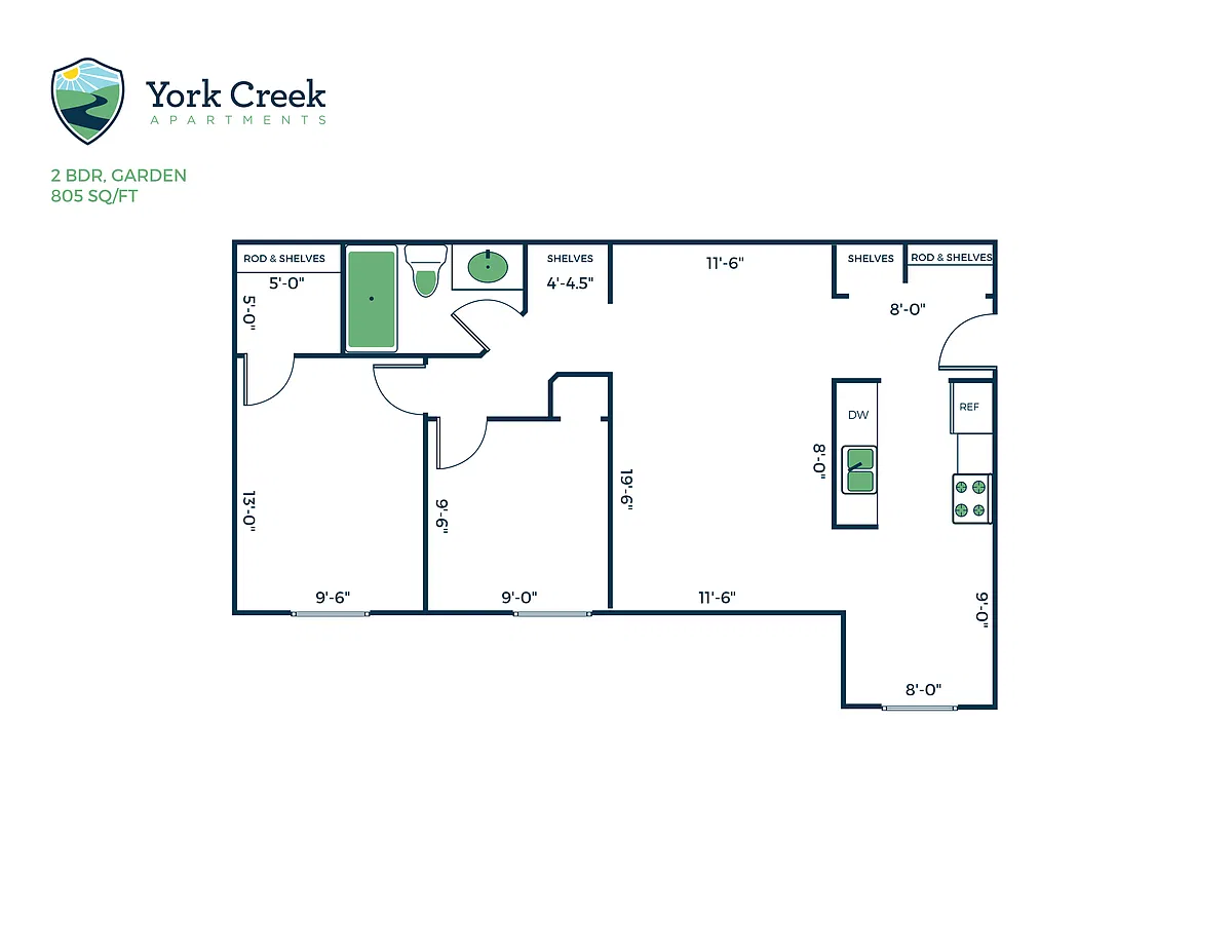Floor plan 2 Bed, 1 Bath - 805 sq ft