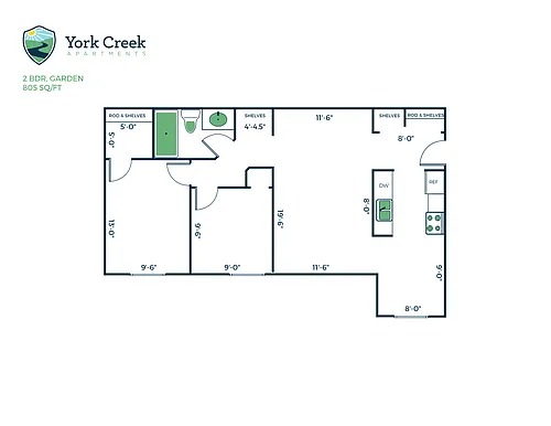 Floor plan 2 Bed, 1 Bath - 805 sq ft