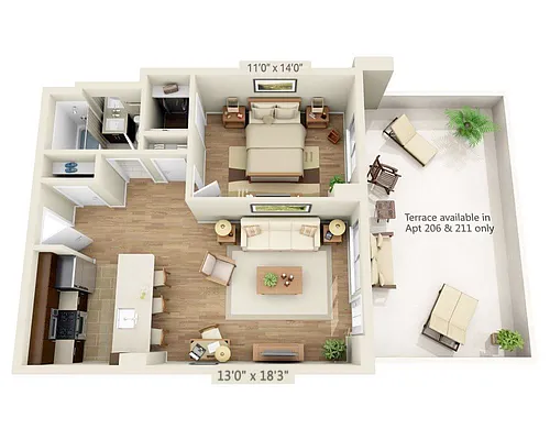Floor plan One Bedroom A1U-R
