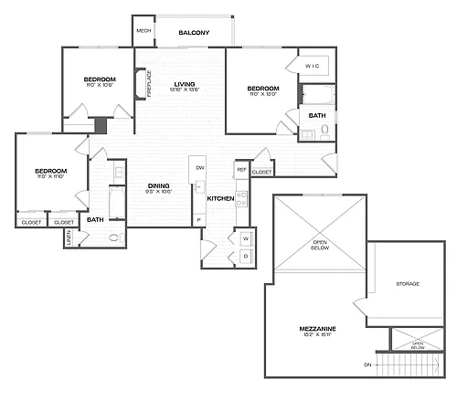 Floor plan 3 Bed/2 Bath Loft-C1L