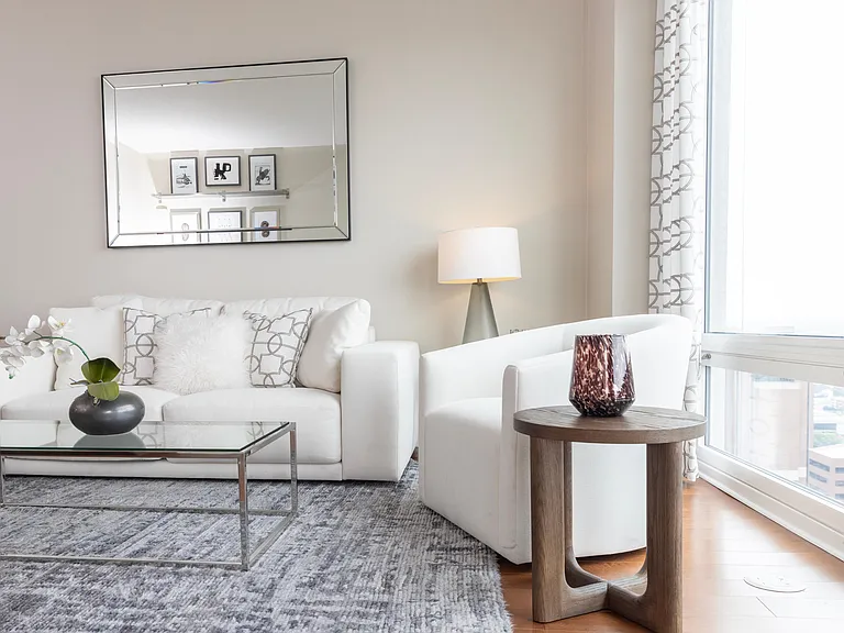 Living room with floor to ceiling windows