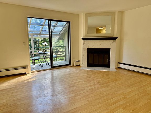 Living room with elegant wood burning fireplace