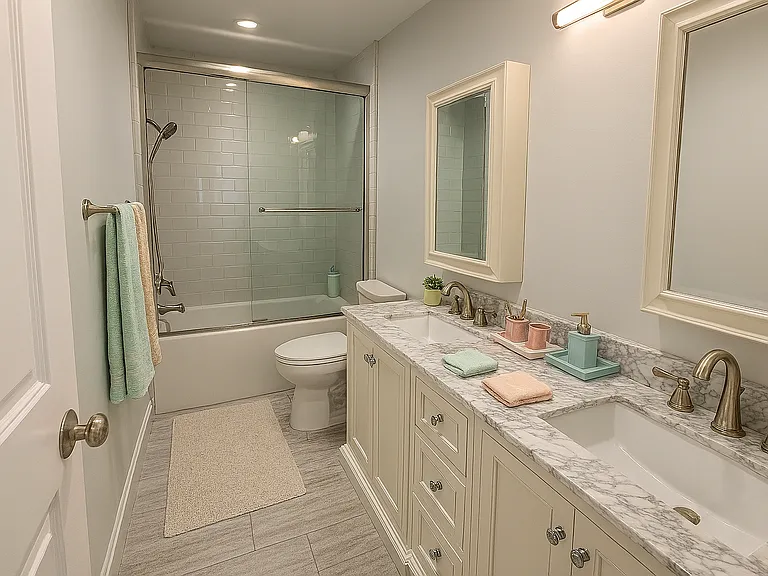 Shared bathroom with Pottery Barn vanities and mirrors with custom-built shower tub