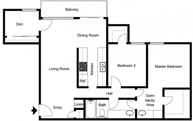 Floor plan 2 Bedroom 1.25 Bath Den