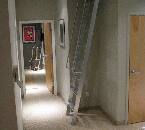 Entry looking into master bedroom. Roof top deck ladder and storage closet at the top of the stairs