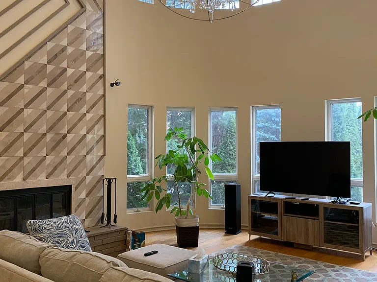 Two-Story Family Room _ Designer Fireplace & Crystal Chandelier