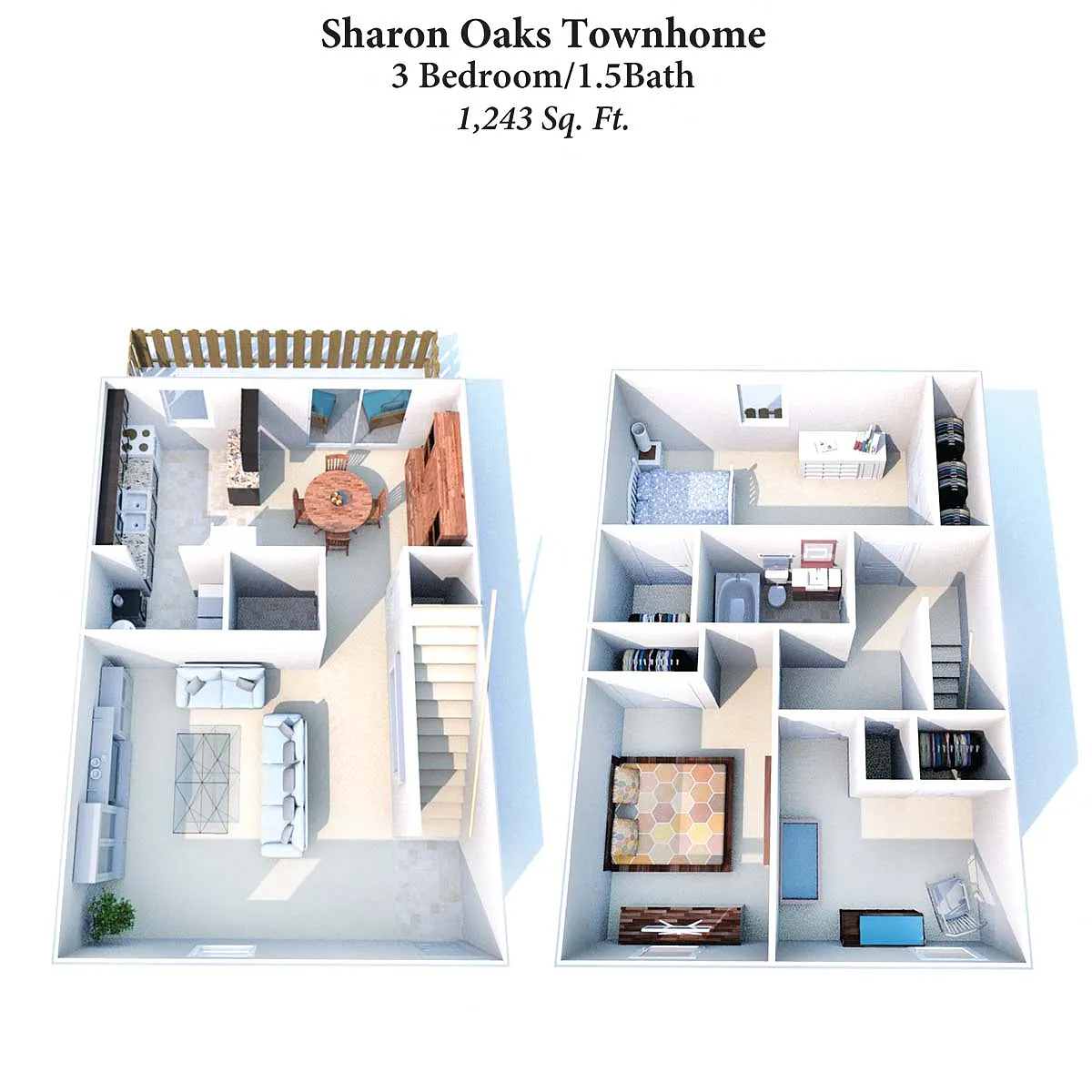 Floor plan 3B/1.5B Sharon Oaks Townhome 1,243 SqFt