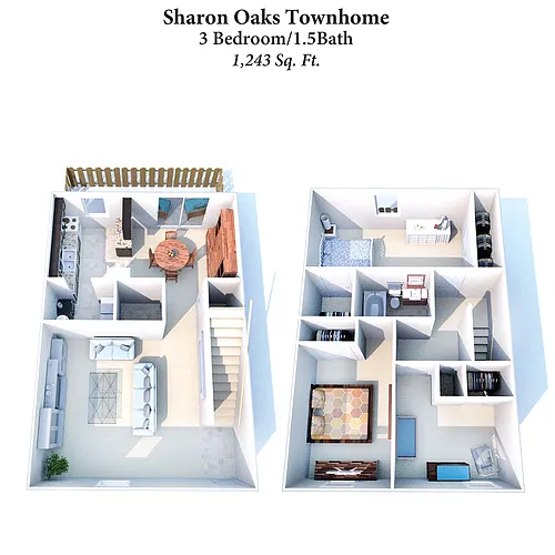 Floor plan 3B/1.5B Sharon Oaks Townhome 1,243 SqFt