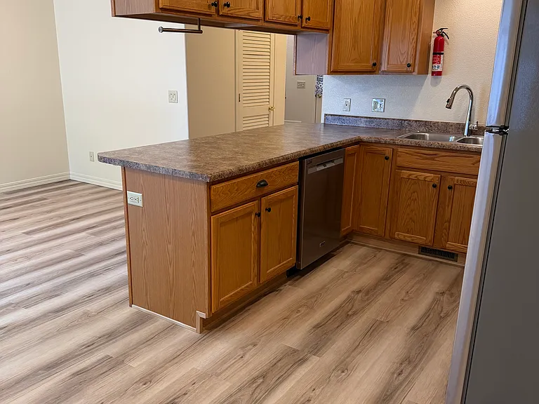 Kitchen, with new appliances, new sink, new faucet.