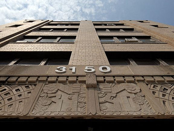 A close up of the building facade