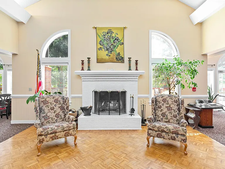 Community room with fireplace.