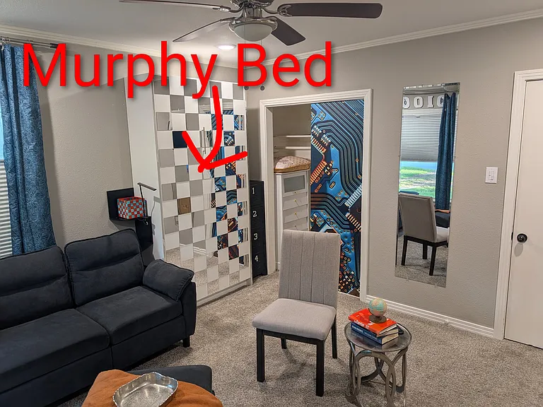 The Murphy Bed allows you to take advantage of the oversized room. There is storage inside and outside the closet.