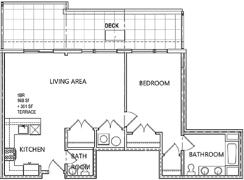 Floor plan RRM-PH2 (1BD/1.5BA + Terrace)