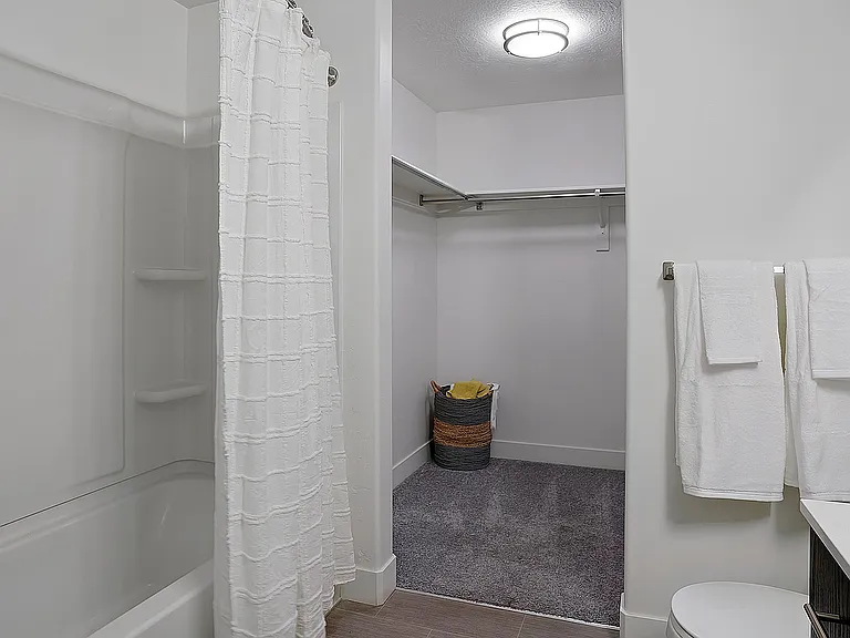 Functional bathroom layout with convenient walk-in closet access.