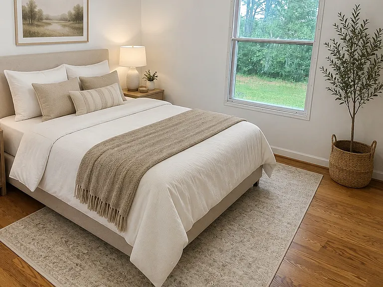 Large third bedroom with beautiful hardwood floors, a walk-in closet, and plenty of space for home office, or guest room. Bright window overlooks the side and backyard, bringing in natural light throughout the day.