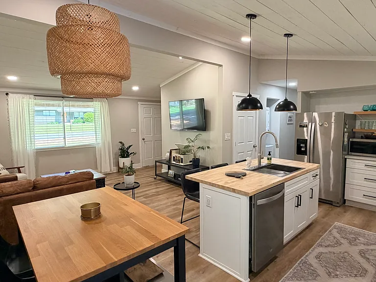 Stainless steel appliances, butcher block island