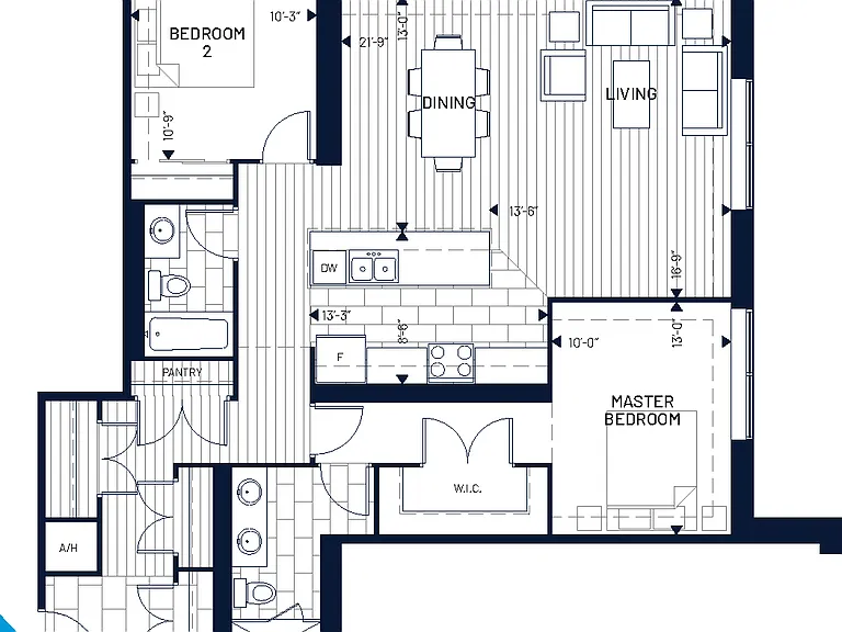 2 Bed
Balcony: 150 sq. ft.
Terrace available in unit 1102
Terrace: 620 sq. ft.