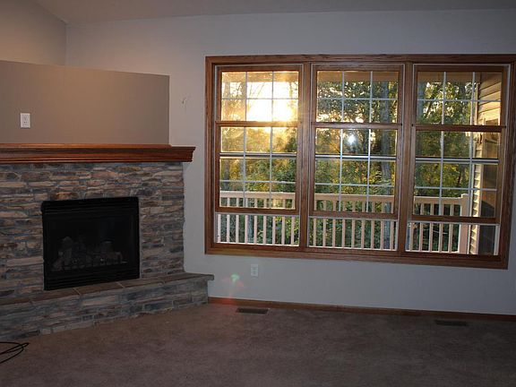 Gas Fireplace in LR. View of the deck and park reserve through the west windows in the evening.