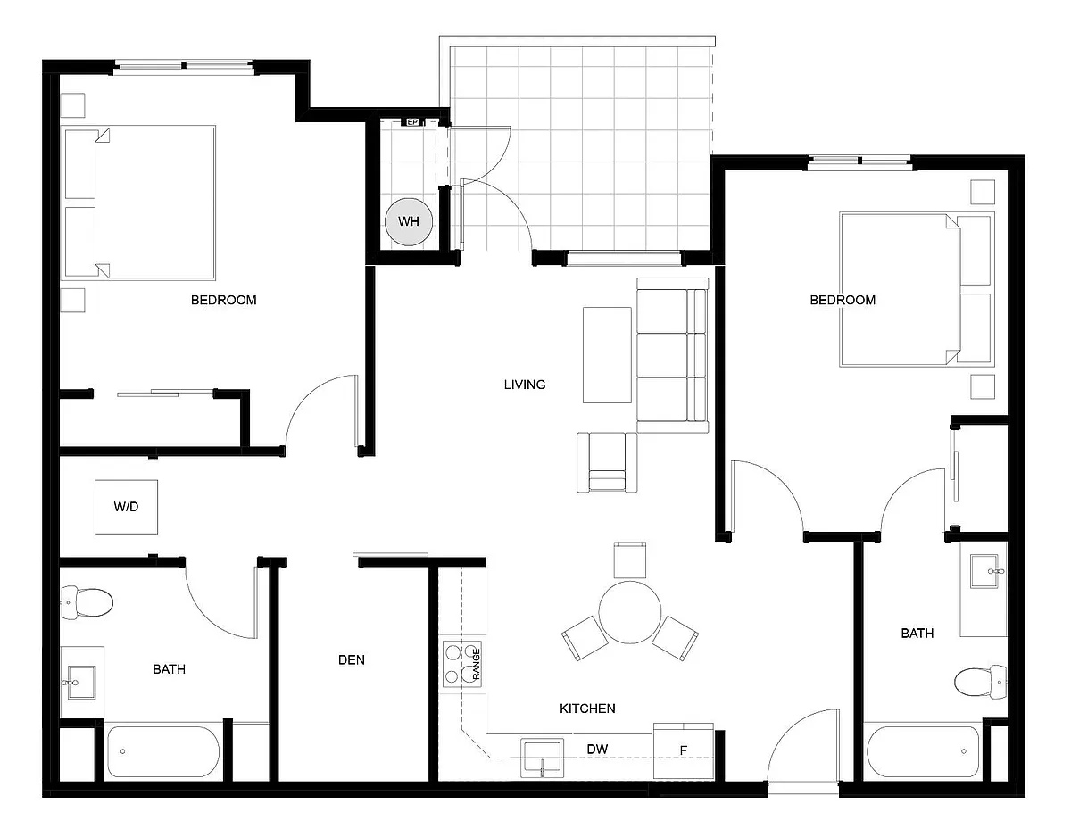 Floor plan 2 Bed, 2 Bath, Den Small