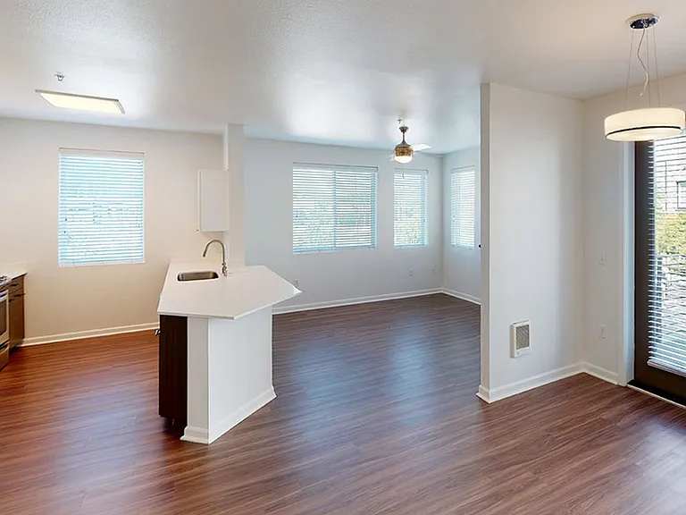 Apartment kitchen with stainless steel appliances, dining and living room with wood-style flooring.