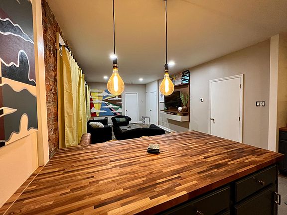 Overlooking butcherblock island/bar