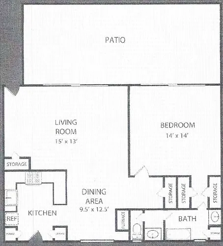 Floor plan Large 1X1 with Patio No Parking