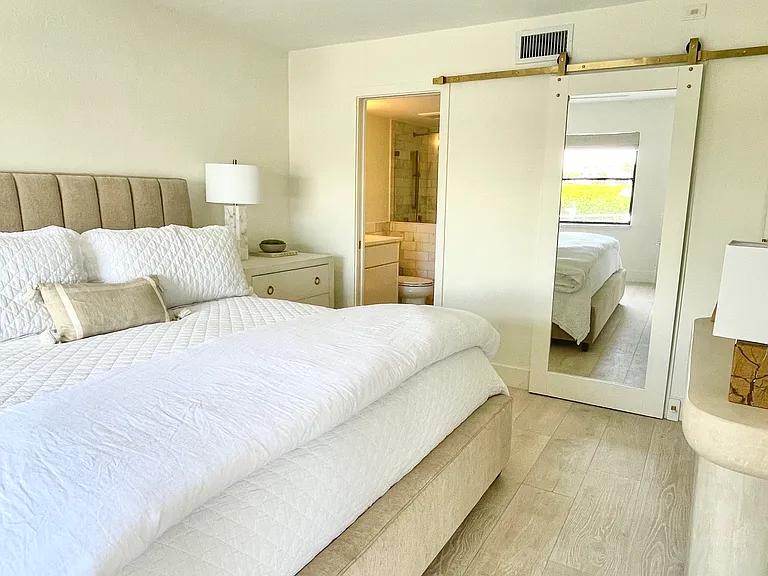 Primary bedroom with walk-in closet and mirrored barn door, frame TV