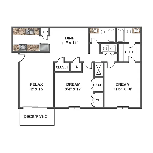 Floor plan 2 Bed 2 Bath - Renovated