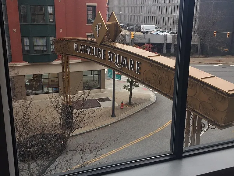Floor to ceiling windows overlooking Playhouse Square