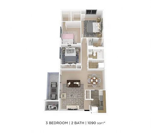 Floor plan Three Bedroom 2 Bath -1090 sqft