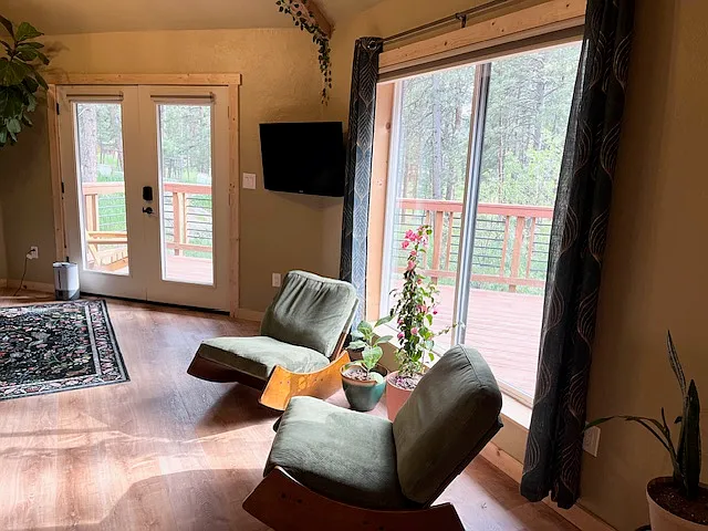 Floor-to-ceiling windows plus French doors give the living area a tree-house vibe. The TV pictured here has been upgraded to a larger one on a swivel mount.