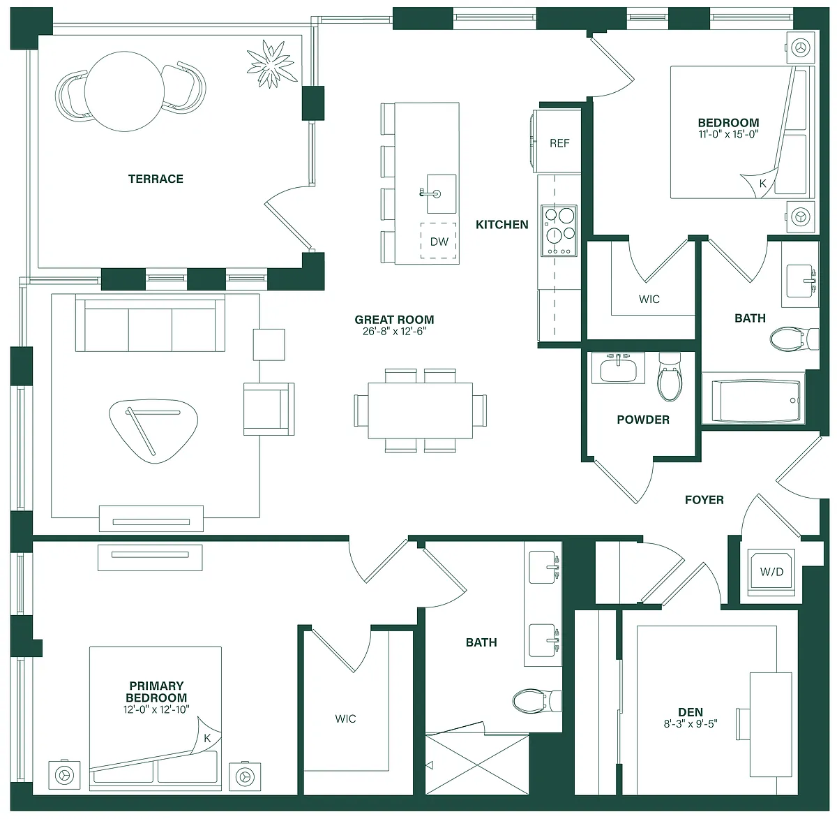 Floor plan 2 Bed/2.5 Bath Den-2L