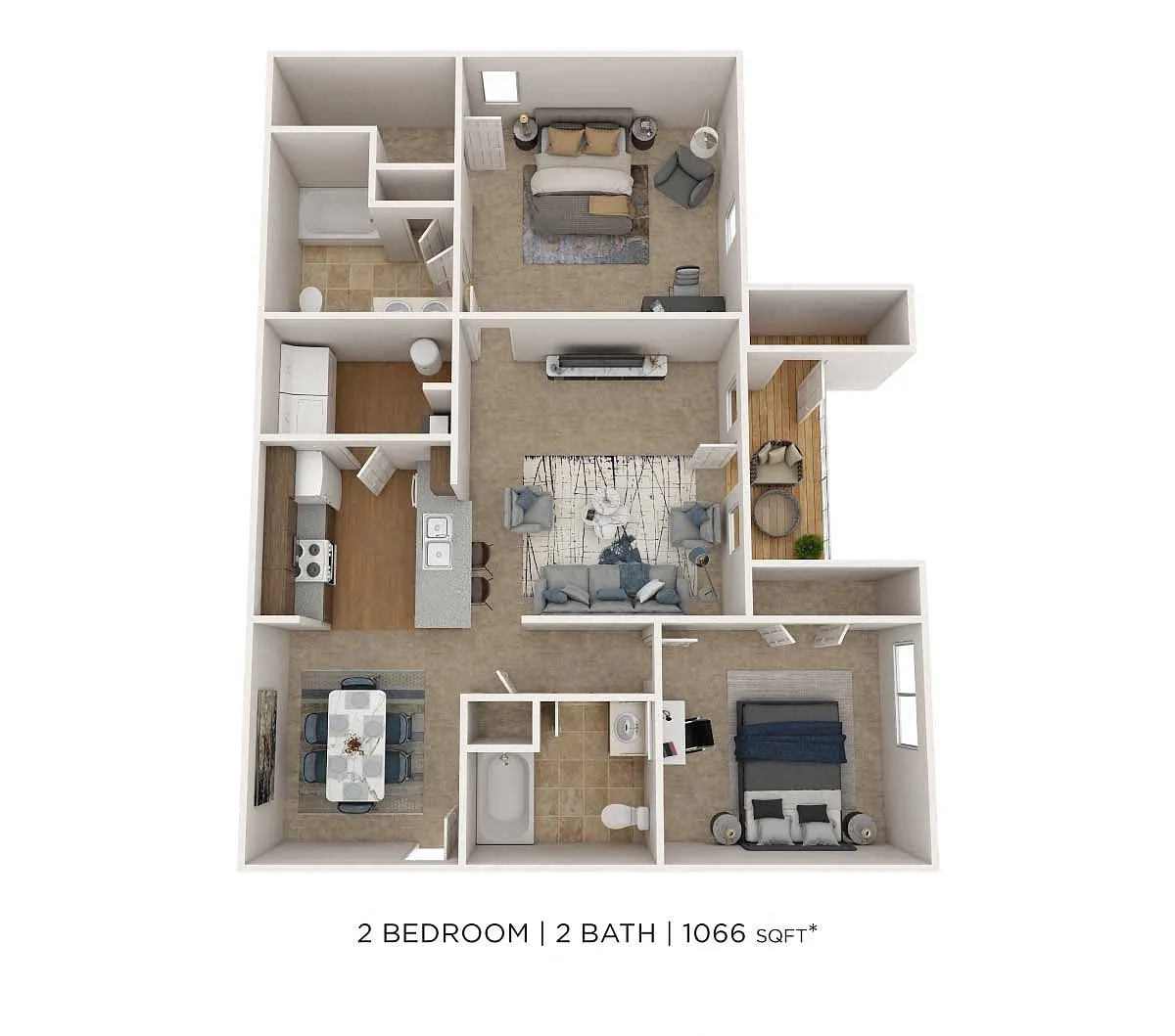Floor plan Two Bedroom 2 Bath - 1,066 sqft