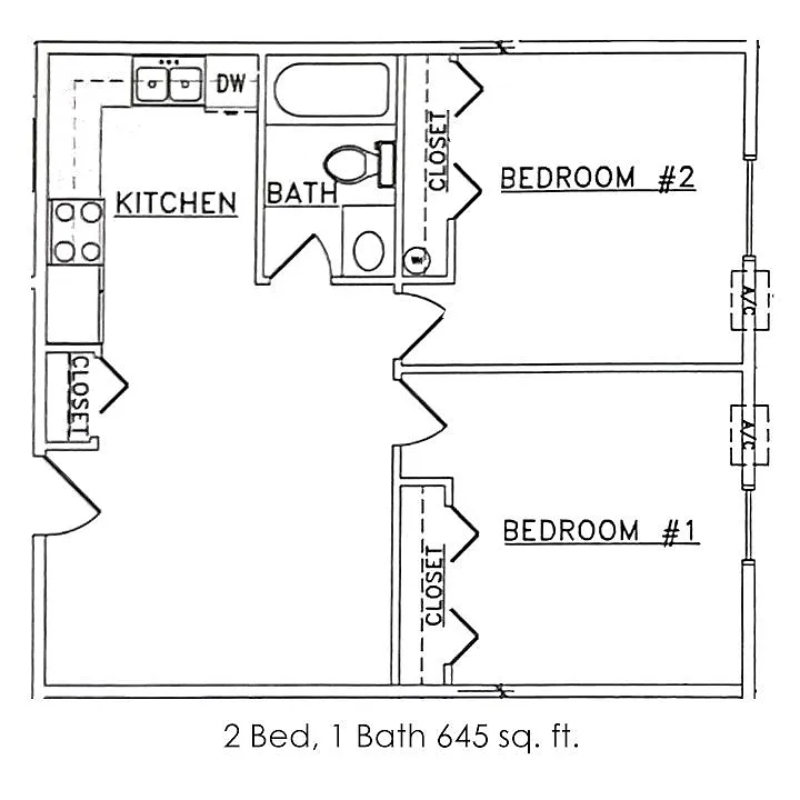 Floor plan 2 Bed 1 Bath | 645 sqft