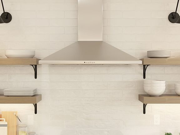 3 x 12 textured white subway tile backsplash and floating shelves