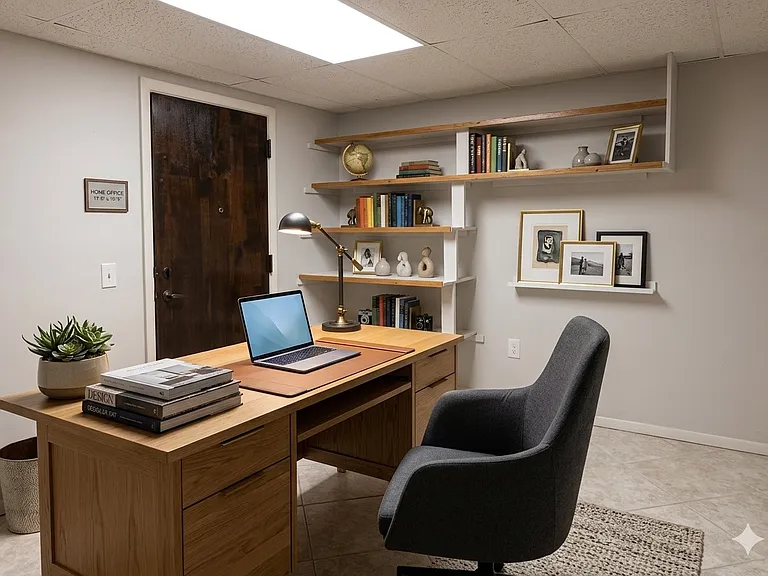 AI-staged home office measuring 11'8" x 10' 3".