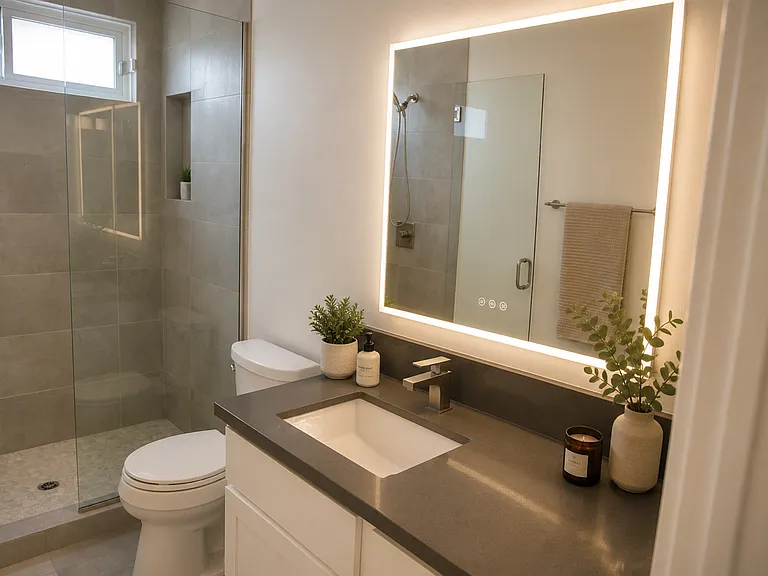 Bathroom in primary suite with a large walk in shower. The LED mirror is staged and will be installed