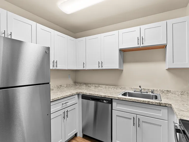 Modern kitchen showcasing sleek stainless steel appliances, elegant granite countertops, and stylish white cabinetry for a contemporary feel. Modern kitchen showcasing sleek stainless steel appliances, elegant granite countertops, and stylish white cabine
