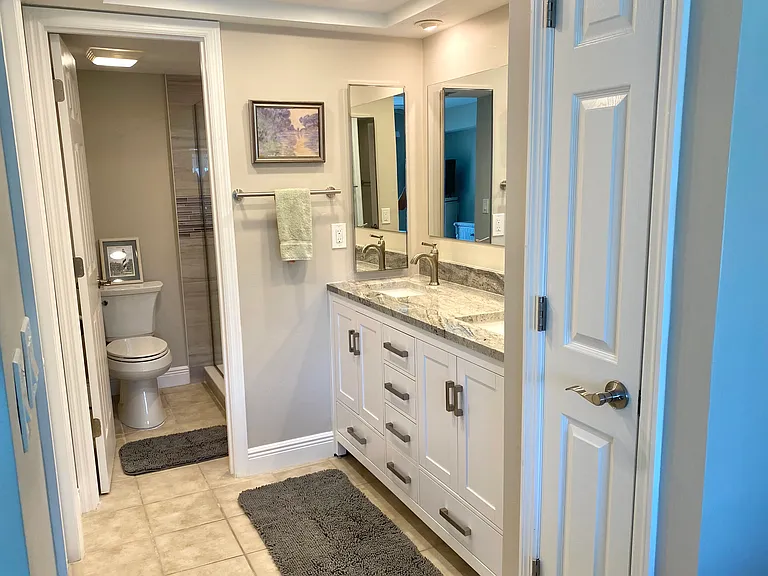 Master bath, linen closet, lovely vanity and duo medicine cabinets for your toiletries, separate commode and shower space